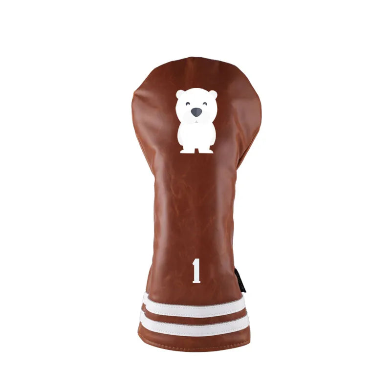 Premium Brown Color Pu Leather Golf Driver Head Cover With White Bear Logo Embroidery
