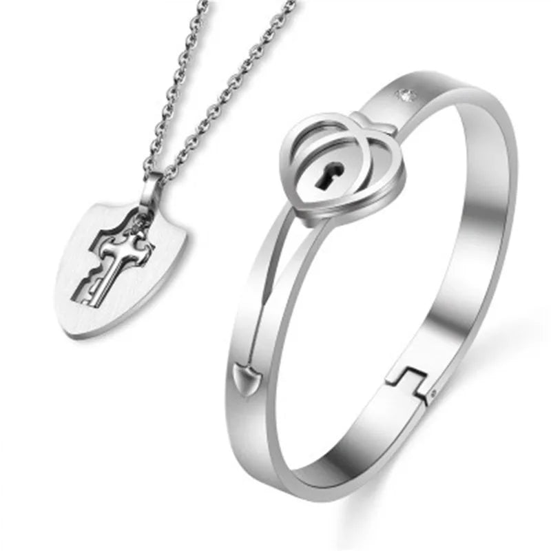 Fashion Stainless Steel Meaning Jewelry Couple Fine Bangle Bracelet Set Love Lock and Key Necklace