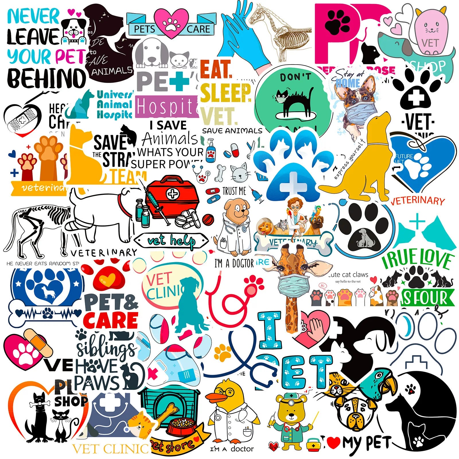 50Pcs Cartoon Veterinary Theme Graffiti Stickers for Bottle Laptop Decor Pet Care Vet Sticker