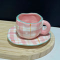 Wholesale Cute Hand Painted Pink Green Plaid Ceramic Coffee Mug with Tray