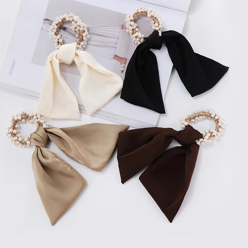 Korea Women Simple Sweet Pearl Ribbon Hair Tie Retro French Ponytail Head Rope Temperament Detachable Girl Hair Accessories