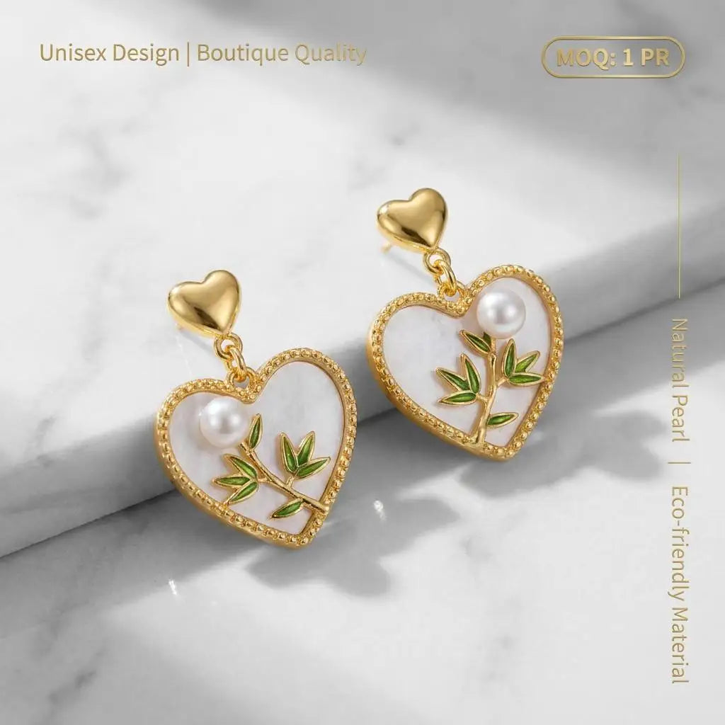 Luxury Heart Shaped Natural Pearl Earrings Gold Plated Bamboo Leaf Motif Studs for Women Unisex Eco-friendly Jewelry Gift