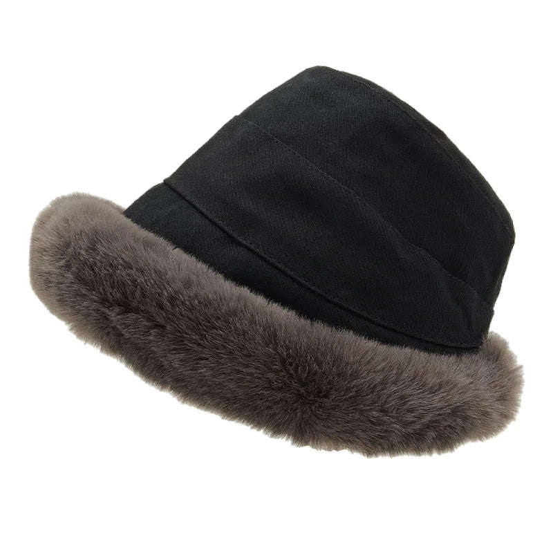 Custom logo Women Rolled Brim Faux Fur Cloche Hat Winter Furry Bucket Hat with Fleece Lining