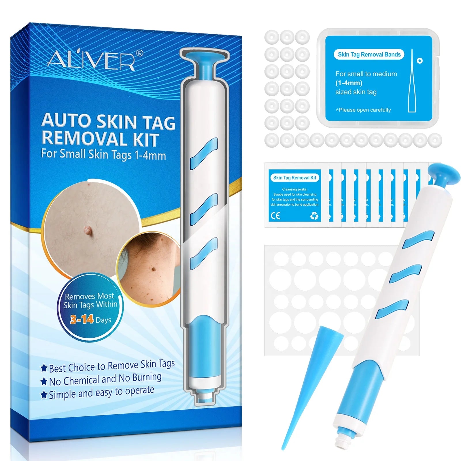 ALIVER OEM Deeply Remove Skin Tag and Natural Fall Off Small Size Rubber Bands 1-4mm Auto Skin Tag Removal Kit