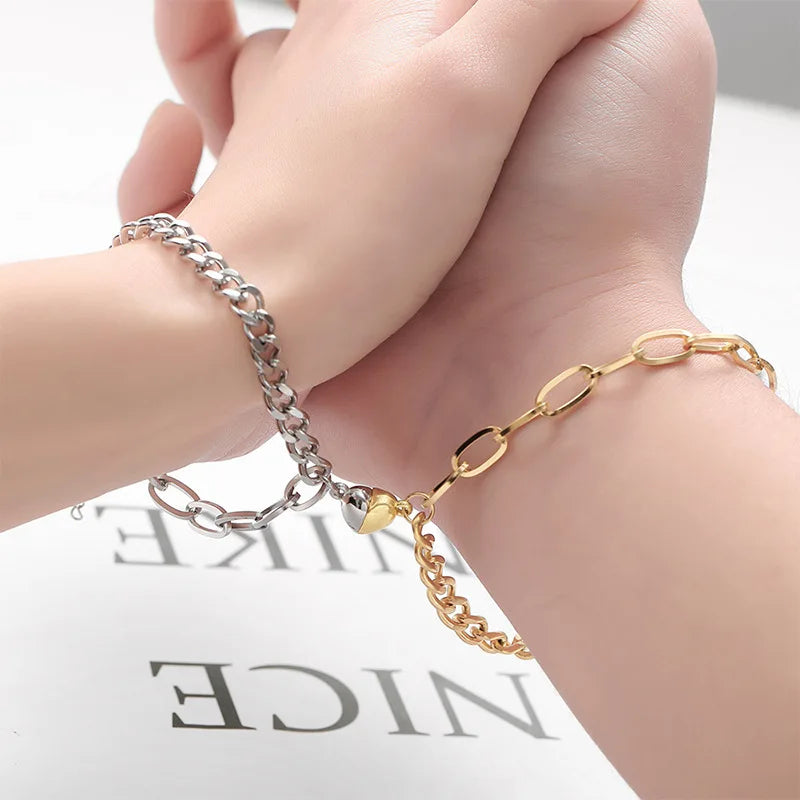 2022 2pcs/set New Magnetic Heart Couple Chain Bracelet Stainless Steel Link Chunky Chain Gold Best Friend Love Chain for Lovers