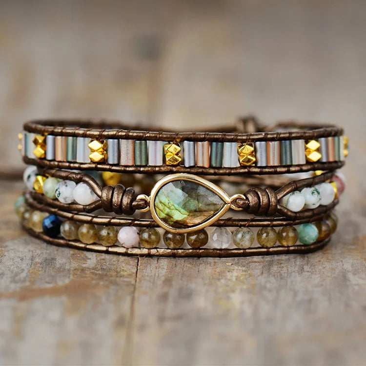 Fashion Jewelry Braided Crystal Beaded Bracelets Multi Layers Teardrop Natural Labradorite Dainty Bracelet for Women Girls