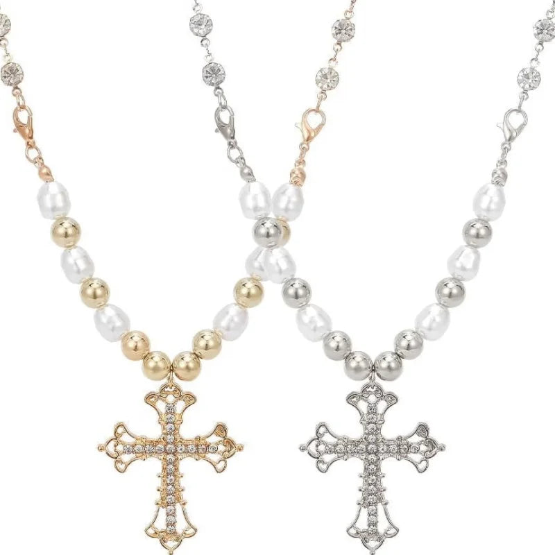 INS Hip Hop Vintage Pearl Rhinestone Choker Punk Sweet Cool Cross Pendant Collar Chain Necklace
