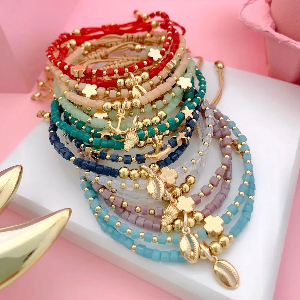 Boho Style Gold Charm Beach Bracelet Square Crystal Glass Beaded Friendship Bracelet Handmade Adjustable Glod Bracelet