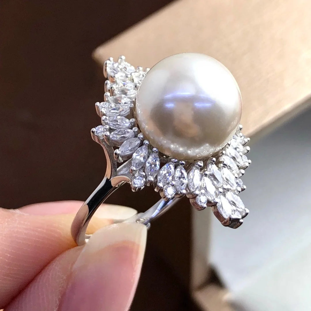 R973 11-12mm Natural Freshwater Pearl Ring Accessory 925 Sterling Silver Adjustable Size Engagement Jewelry Ring for Women