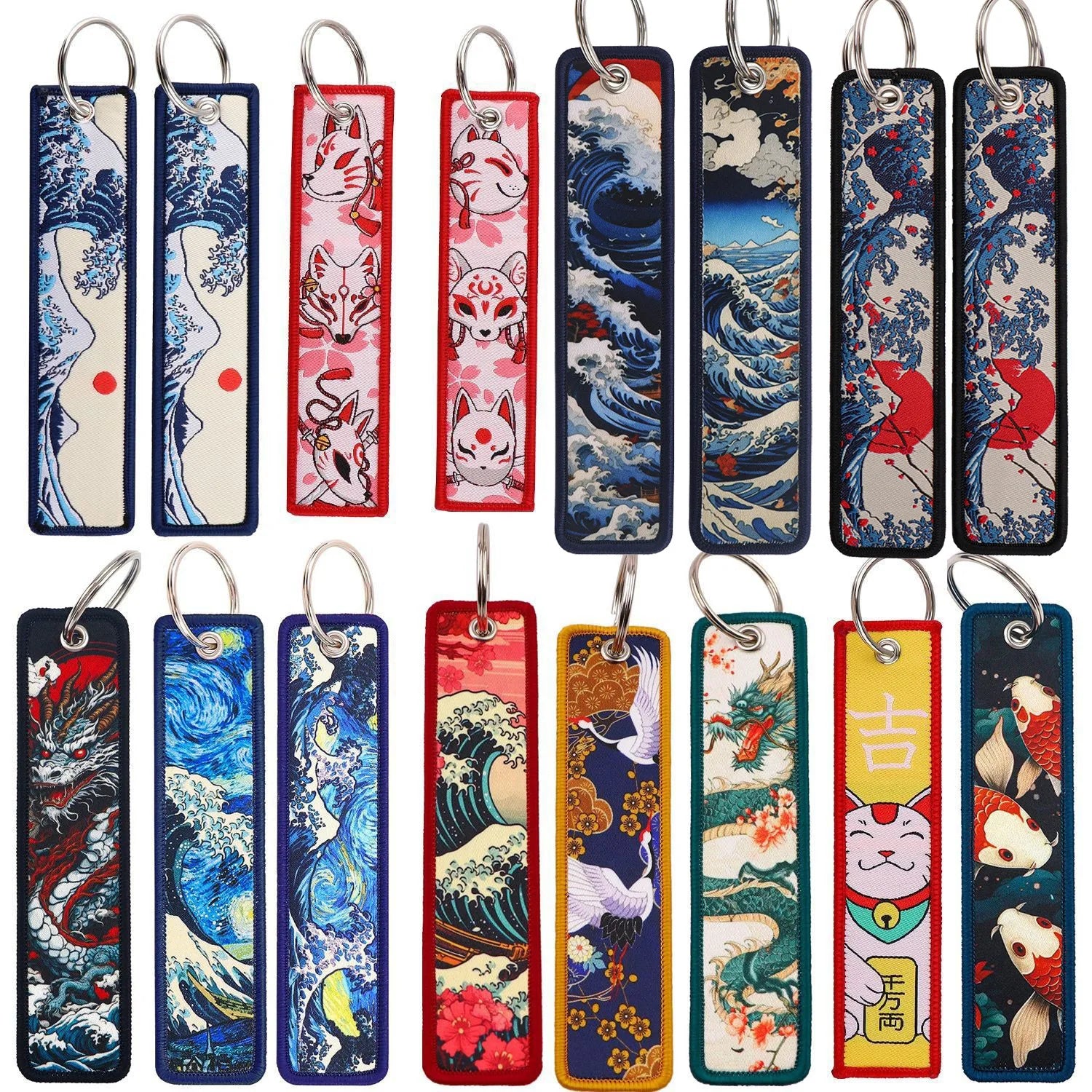 Wholesale Classic Japanese Scenery Comic Pocket Monster Embroidery Woven Jet Tags Ring Lanyard Fabric Keychain Key Tags