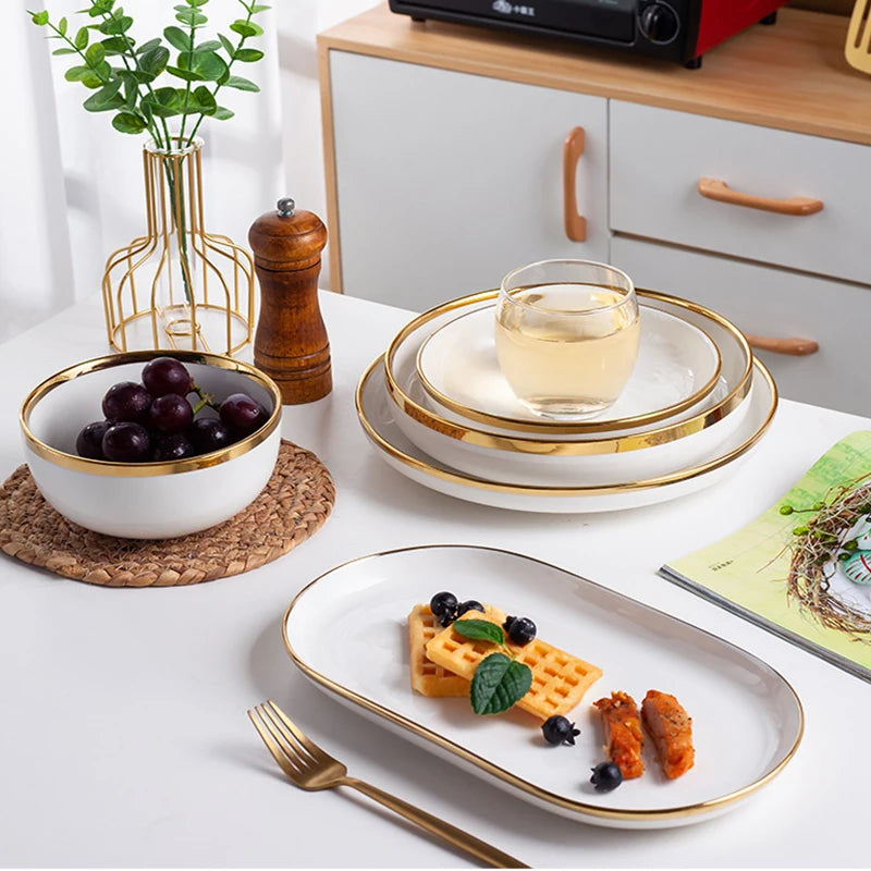 Nordic Luxury Wedding White Dishes Plates Dinner Tableware Set Custom Golden Edge Ceramic Dinnerware Set