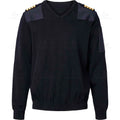 Wholesale Manufacturer Pullover Long Sleeve V-Neck Shoulder Patches Ribbed Knitted Navy Pilot Sweater for Men