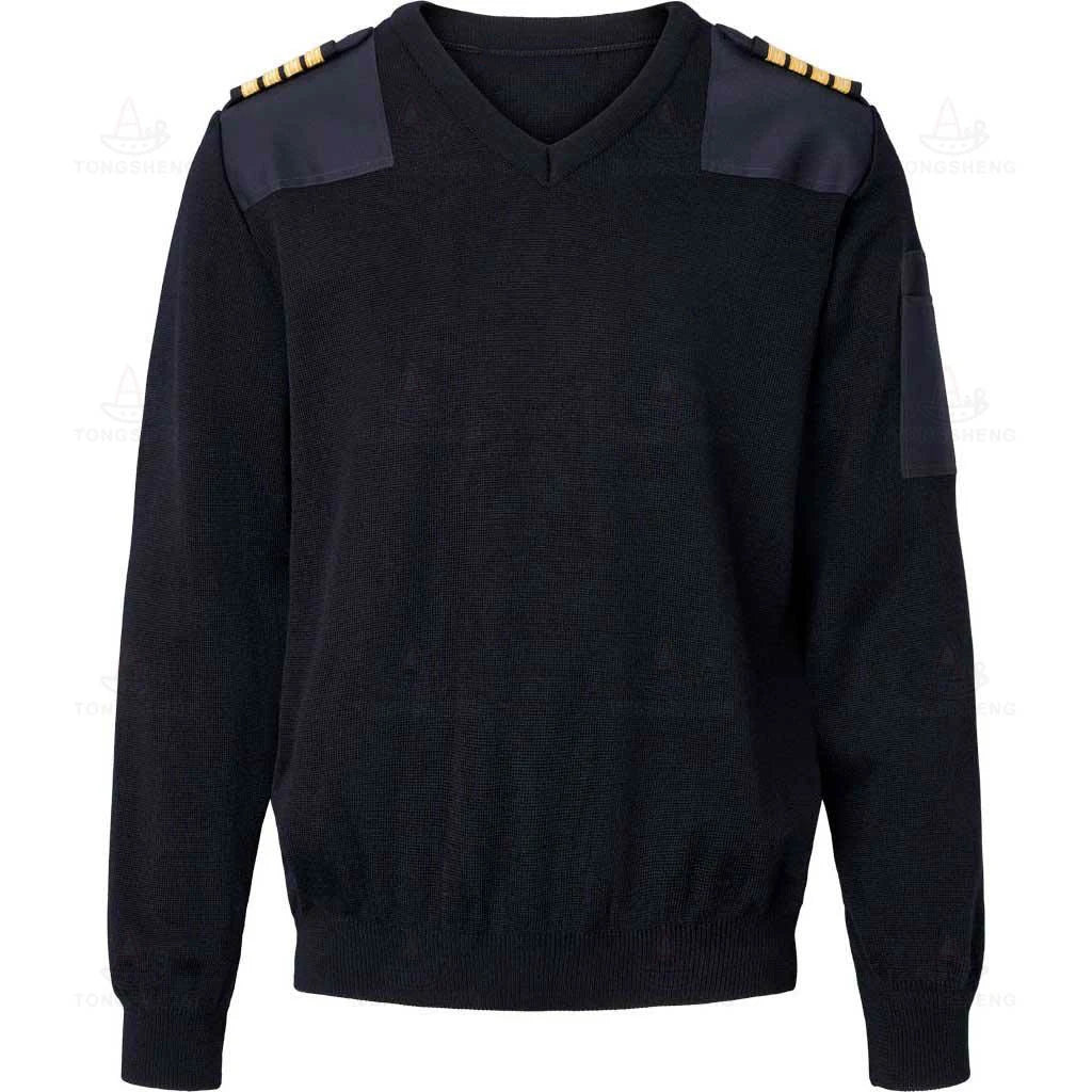 Wholesale Manufacturer Pullover Long Sleeve V-Neck Shoulder Patches Ribbed Knitted Navy Pilot Sweater for Men