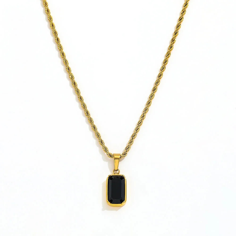 Joolim 18k Gold Plated PVD  Rectangle Black Stone Pendant Rope Chain Stainless Steel Necklace Trendy Jewelry Wholesale