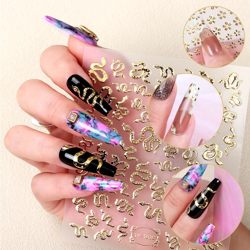DIY Gold Snake Nail Glitter Decals 3D Luxury Sheets Designer Adhesive Nail Stickers