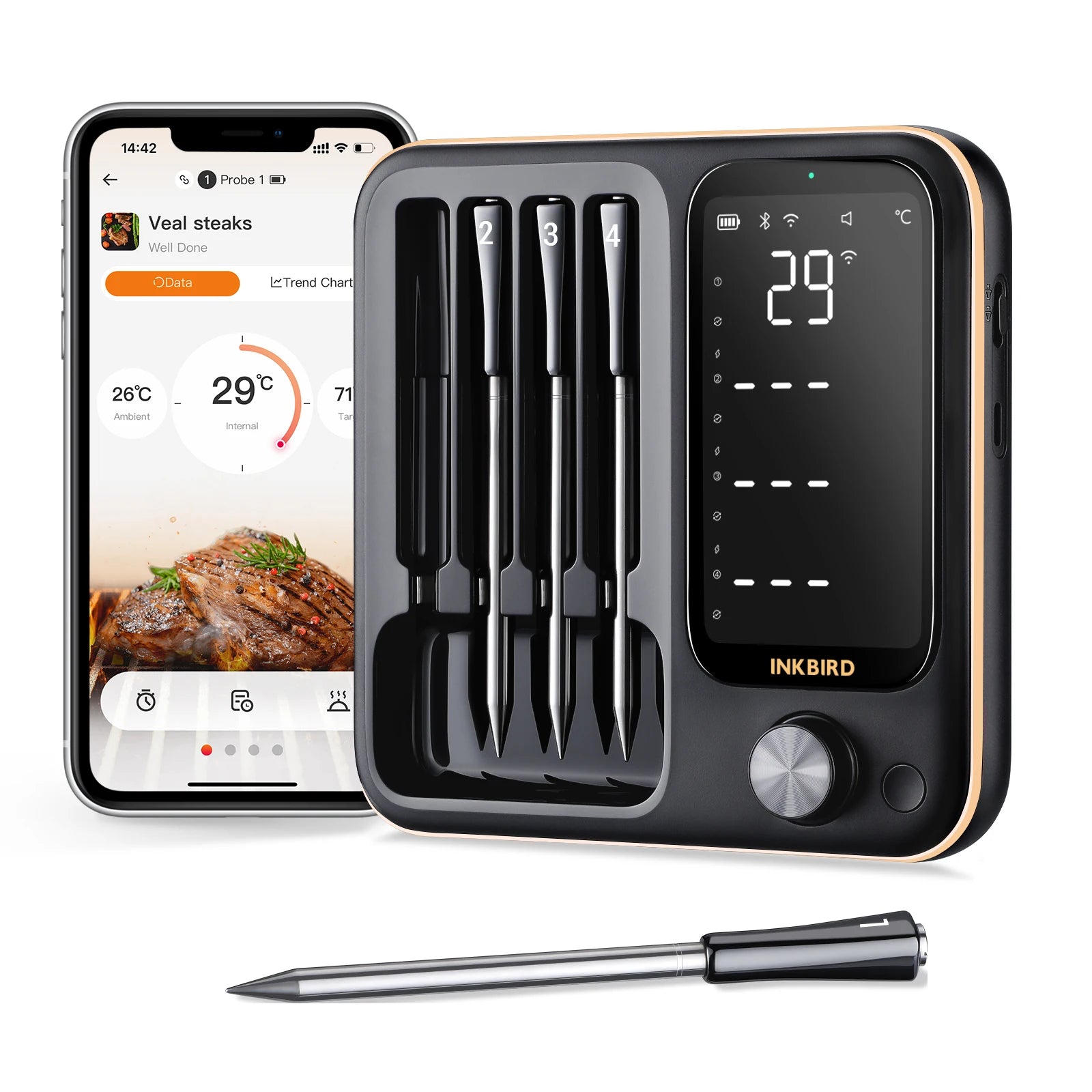 INKBIRD INT-14-BW Three-Mode Wireless Meat Thermometer with Four Probes for Grilling and Smoking