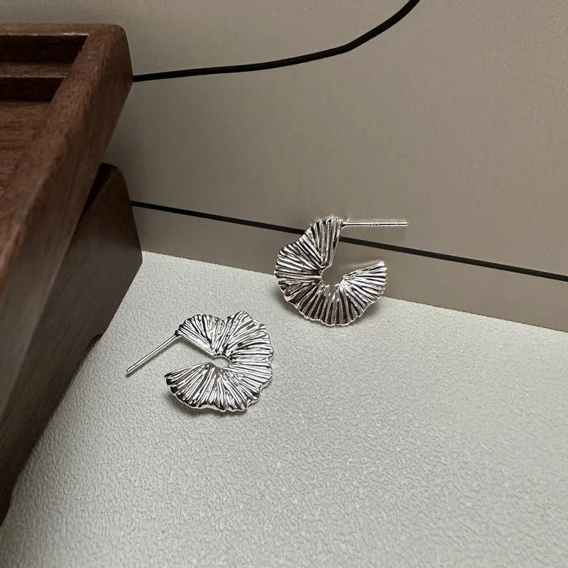 INS 925 Sterling Silver Geometric Wrinkle Stud Earrings for Women Birthday Gifts Jewelry