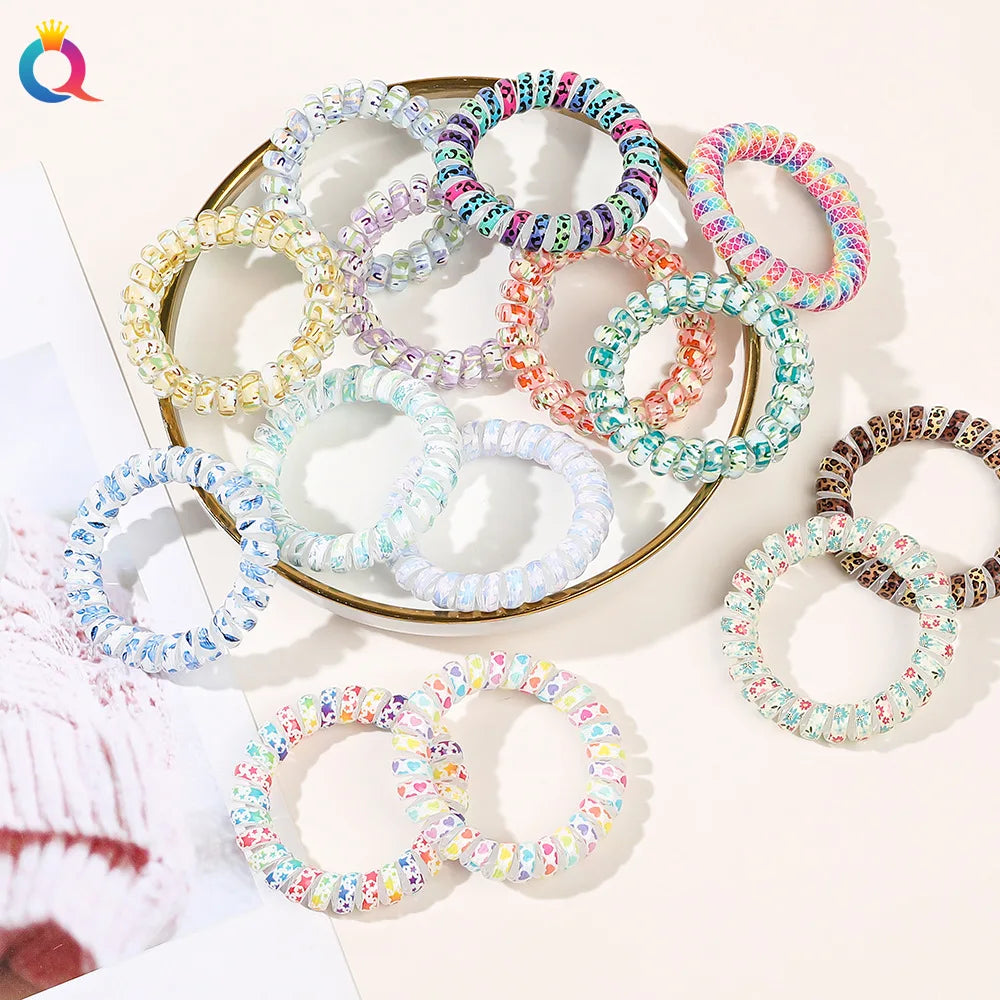 QIYUE Flower Print Spiral Hair Tie Telephone Wire Hair Ring Band Women Girl Ponytail Holder