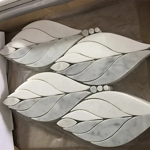 Nature White and Grey Marble Leaf Shape 10mm Modern Parquet Waterjet Mosaic Bathroom Shower Wall Tile for Living Room & Hall