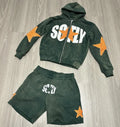 Custom Two Piece Sweatsuit Track Short Set Summer Distressing Embroidery Tracksuit Zip up Hoodie and Shorts Sets for Men