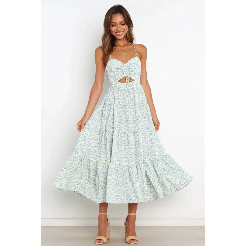 OEM LOGO ODM Bar New Style Irregular Sling Dress Delicate Floral Sleeveless V-neck Sexy Lady Mid-length Dress