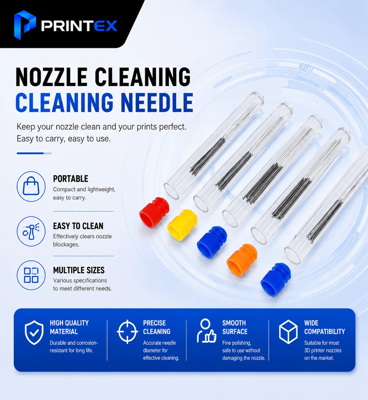 PRINTEX Stainless Steel 3D Printer Nozzle Cleaning Needles Kit Flexible Extruder Cleaner for MK8 E3D Nozzles Clog Maintenance