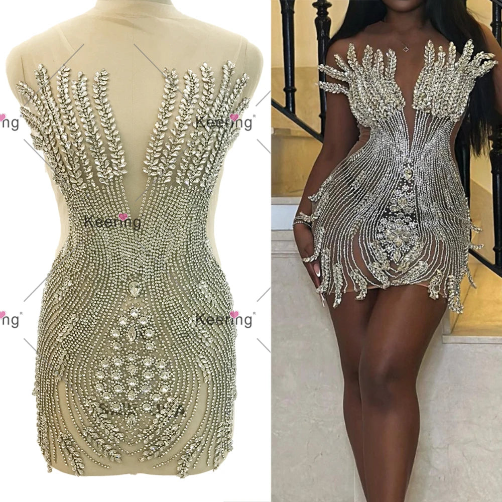 WDP-495 Newest Colorful Beaded Crystal Sew on Dress Bodice Patches Peach Stoned Collar Panel Rhinestone Applique