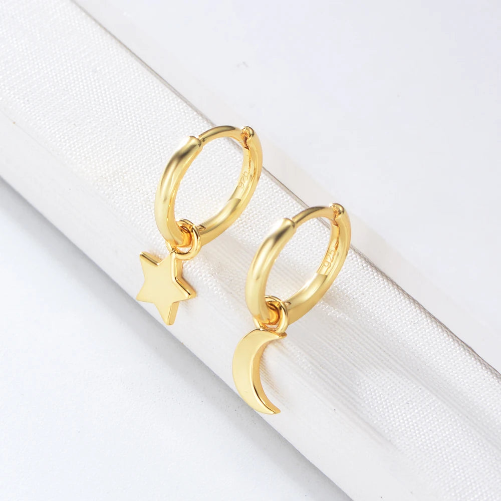 Peishang Women 925 Sterling Silver Jewelry Fashion Star Moon Gold Plated Huggie Earrings Jewellery Vendor