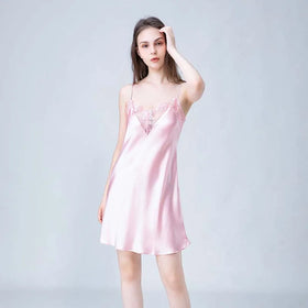Best Sale New Style Silk Luxury Sleepwear Silk Pajamas Soild Color Women Silk Sleeping Night Dress