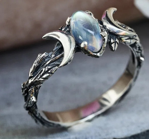 SC New Fashion Size 6-10 Silver Plated Rings Delicate Vintage Geometric Rings Gemstone Inlay Natural Double Moonlight Gem Rings