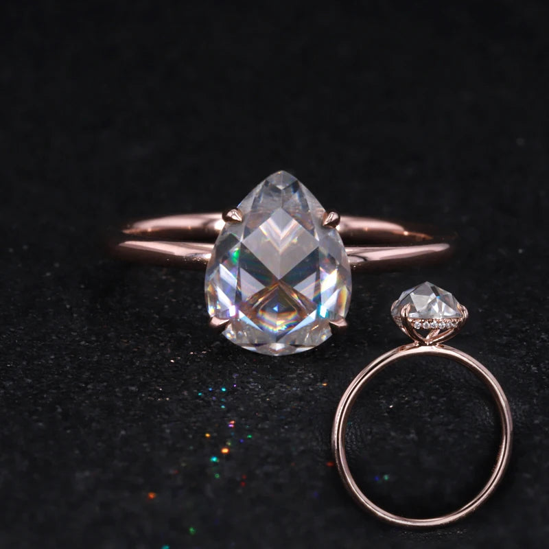 2024 Hot Sale 14K Rose Gold with 8*10mm Pear Shape Single Rose Cut Moissanite Ring