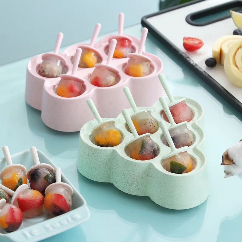 6 Cavities Small Mini Wheat Straw Making Round Ice Cube Tray Shape Container Popsickle Maker Homemade Mould Ice Cream Mold