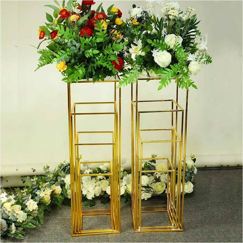 Wedding Supplies Gold Rectangular Iron Geometric Flower Stand Elegant Wedding Christmas Table Centerpiece Decoration Silk Screen