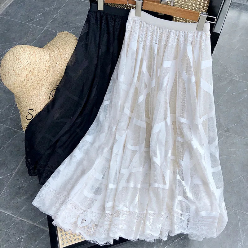 _ Women Summer A-Line Mesh Skirt White Color High Waist Women Elegant Boho Long Skirt Femme Irregular Floral Skirt