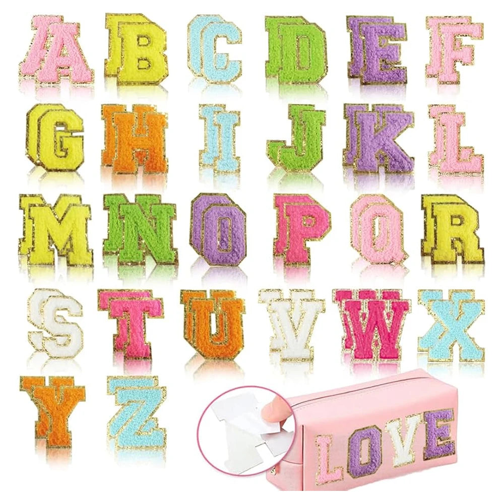 Ready Stock 26 Small Colorful English Alphabet Chenille Embroidery Iron on Letter Patches 5.5cm Glitters Patches for Clothing