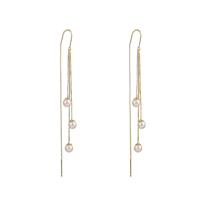 Wholesale Vintage Elegant Long Pearl Tassel Ear Wire Tassel Drop Earrings Rhinestone Drop Earrings Silver Needle Long Earring