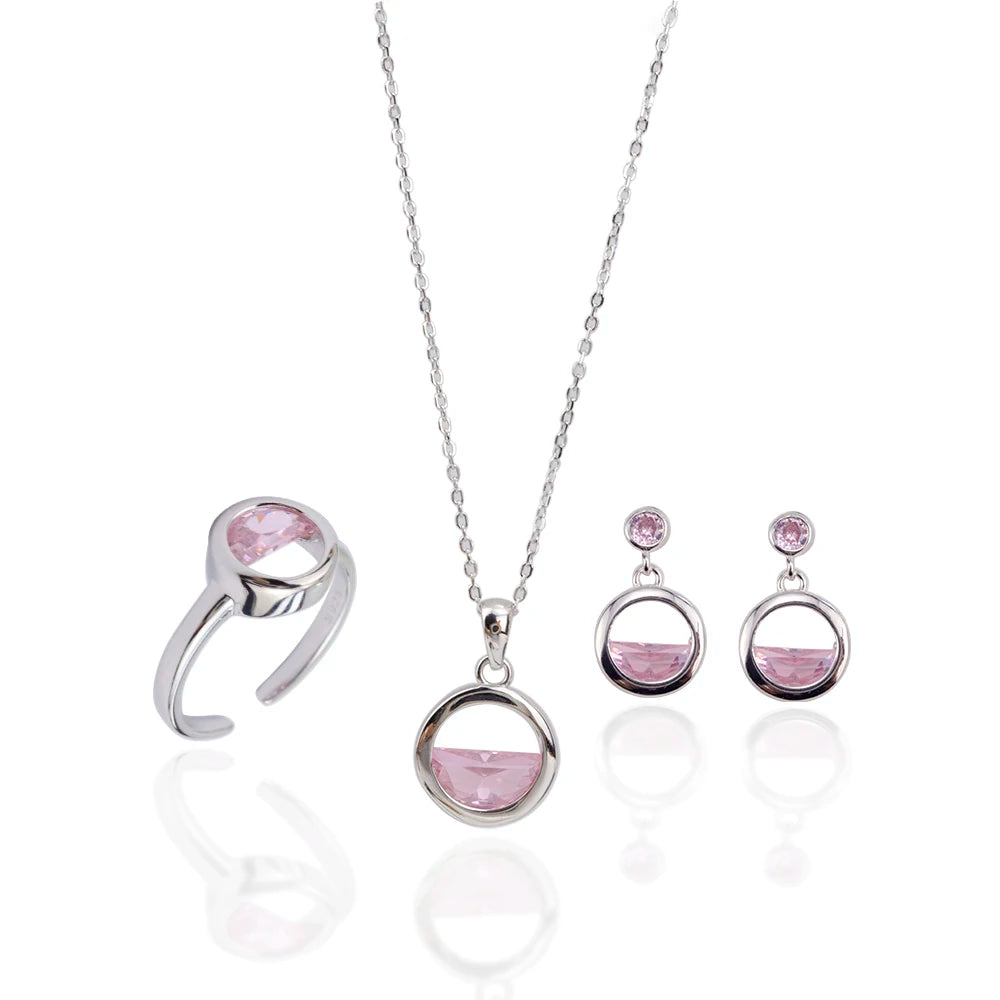 Real 925 Sterling Silver Crystal Round Pendant Ocean Necklace Elegant  Water Drop Bracelet Wire Earring Stud Adjustable Ring