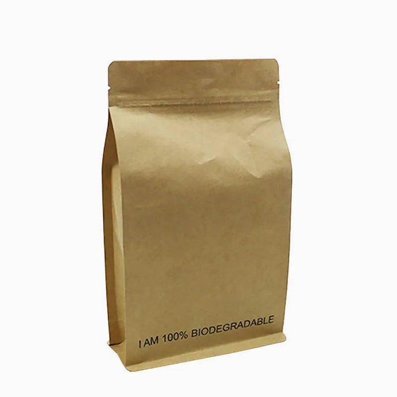 100% Compostable Biodegradable Kraft Paper Flat Bottom Zipper Pouch Cornstarch-Based Food Package for Cookies Snacks Custom Logo