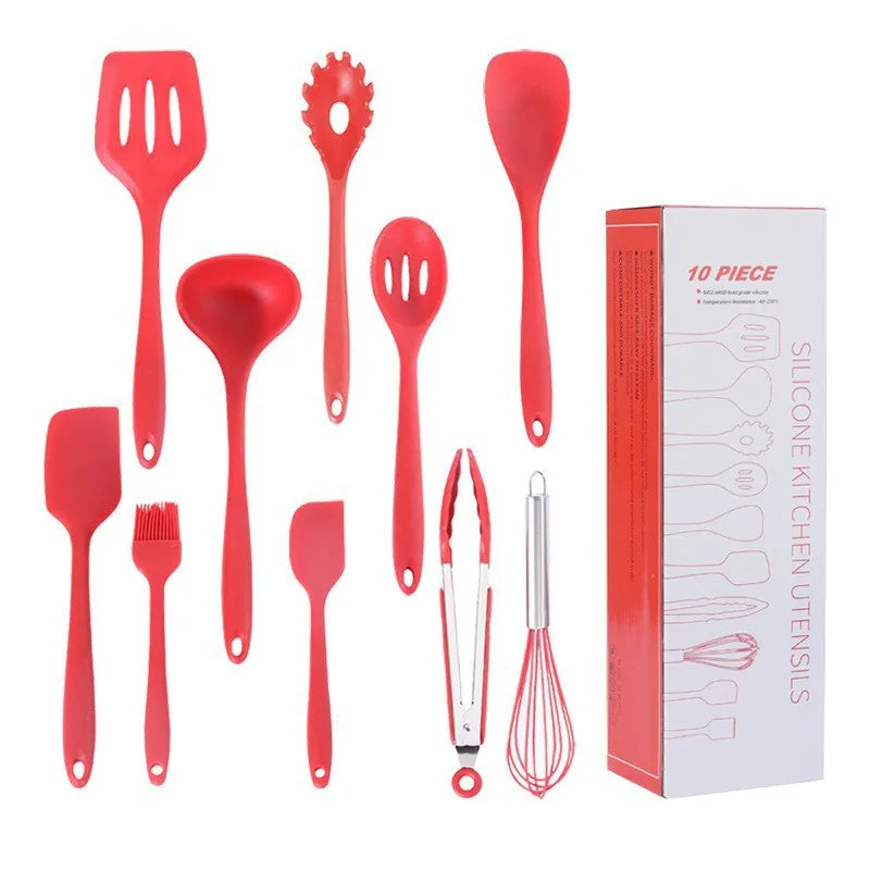 10pcs Nonstick Metal & Silicone Baking Tool Drip Pad Tong Soup Spoon Ladle Pasta Patula Turner Brush Kitchen Utensils Set Box