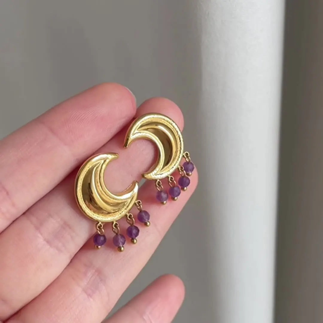 Wholesale 18K Gold PVD Plated Stainless Steel Stud Earrings High-End Natural Amethyst Moon Drop & Crescent Moon Jewelry