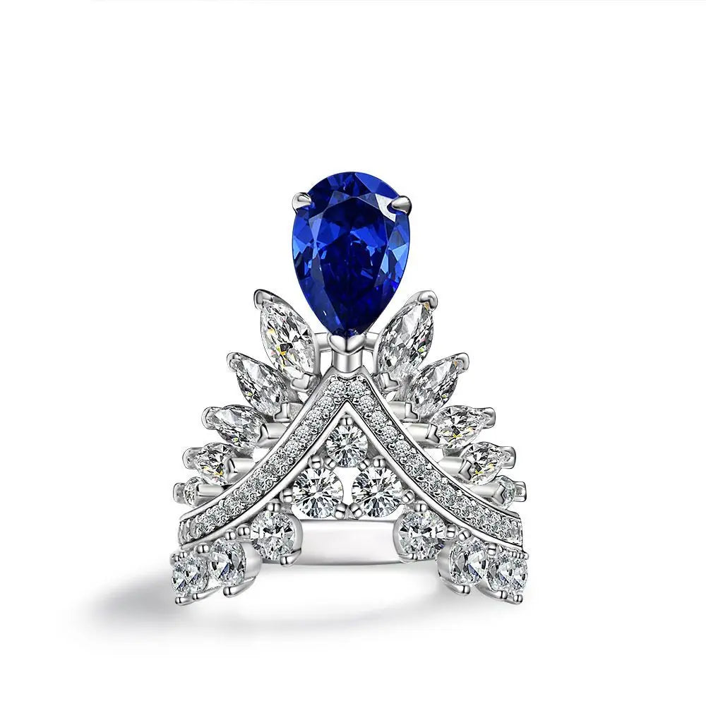 New Unique Pear-shaped 7*10 Feather Crown Ring High-quality High-carbon Zircon S925 Silver Women Rings