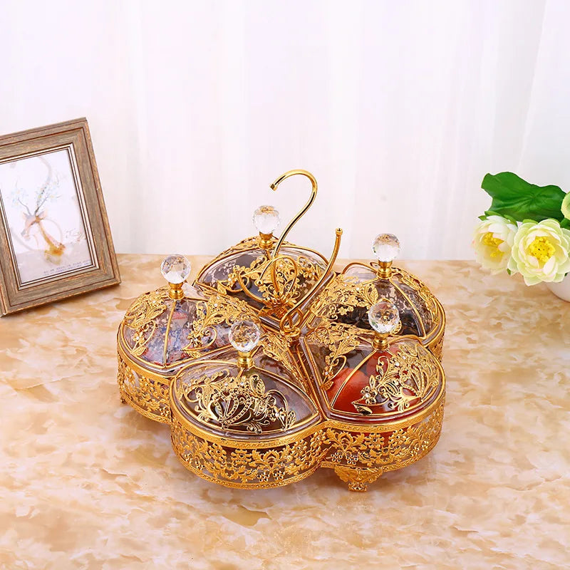 QIAN HU Luxury Eco-Friendly Engraved Golden Metal Vintage Candy Serving Tray Dry Fruit Plate Party Storage Chocolate Plates