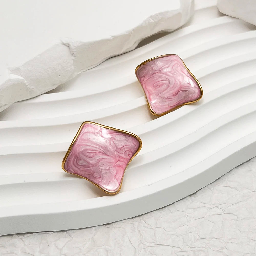 Stainless Steel Earrings Vacuum Plated Square Stud Earrings Gold Enamel Gradient Resin Titanium Steel Earrings