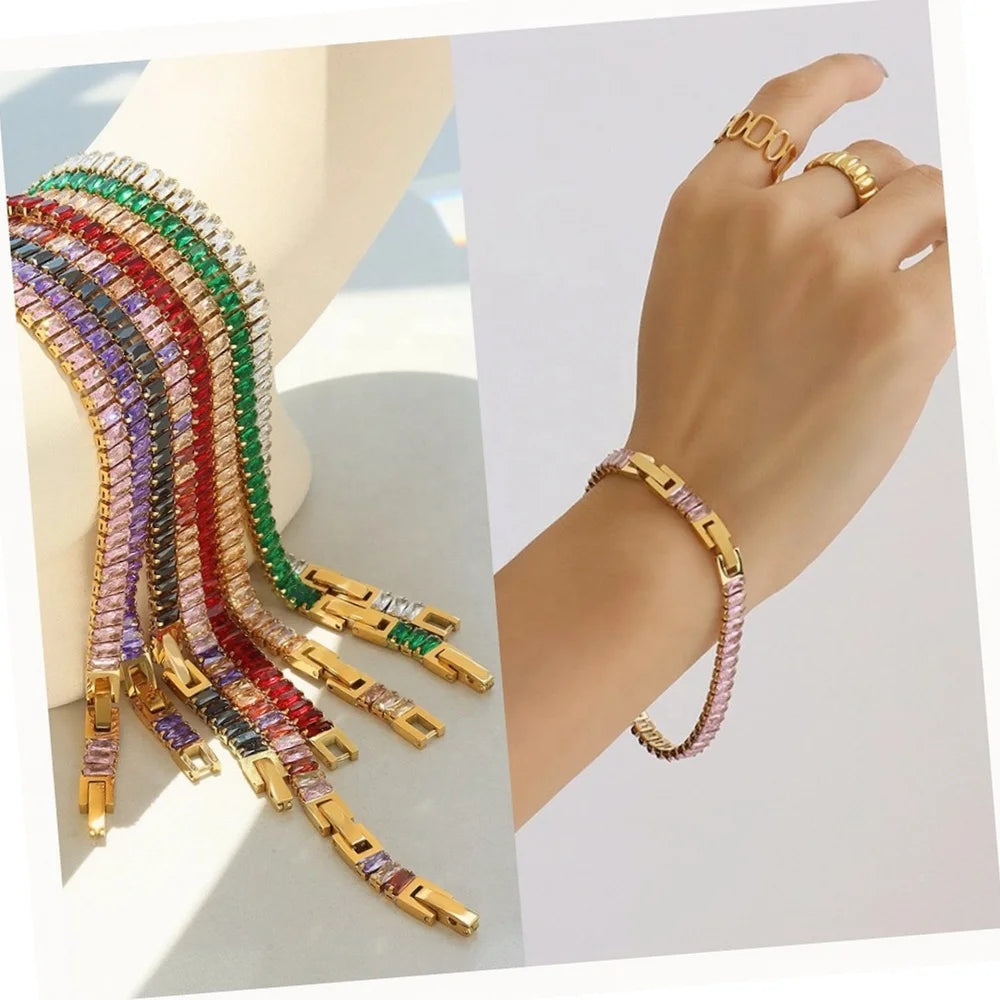 Dainty Non Tarnish Jewelry 18k Gold Plated Multi Colors Rectangular Shape Cubic Zirconia Bracelet Stainless Steel Bracelets