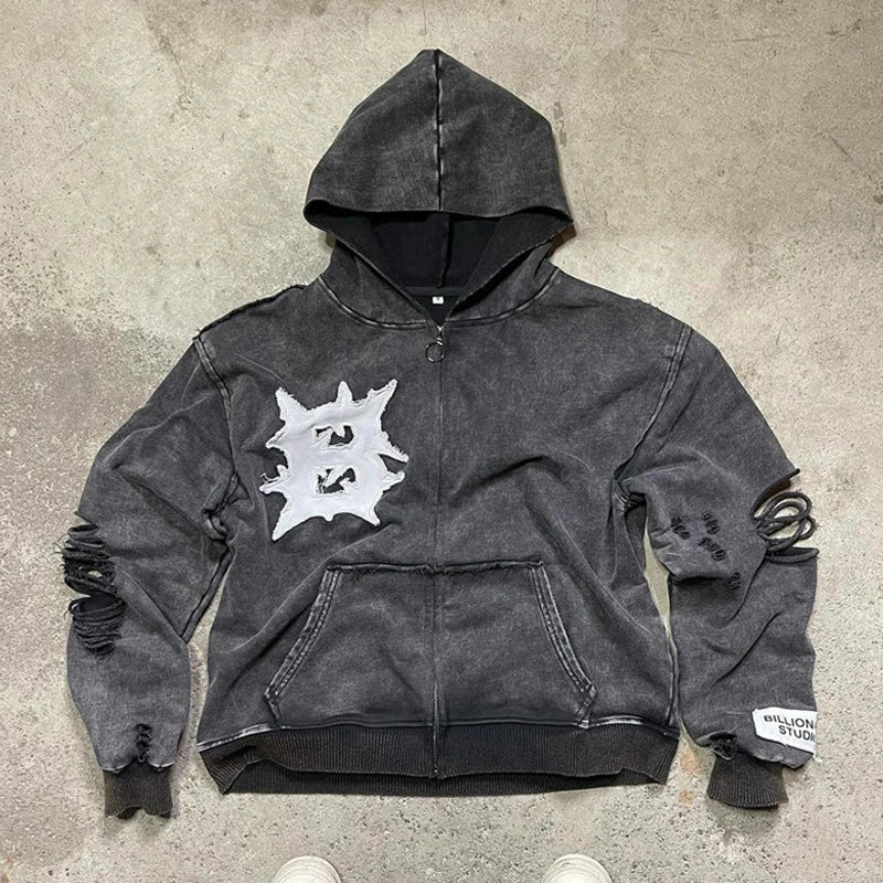 Custom Heavyweight 500 600 Gsm Stone Washed 100% Cotton Acid Wash Distressed Embroidered Vintage Hoodie Manufacturers