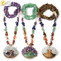 CSJA Wholesale Tree of Life Wrapped Crystal Necklace 7 Chakra Natural Stone Irregular Chip Bead Long Necklaces Pendants G378