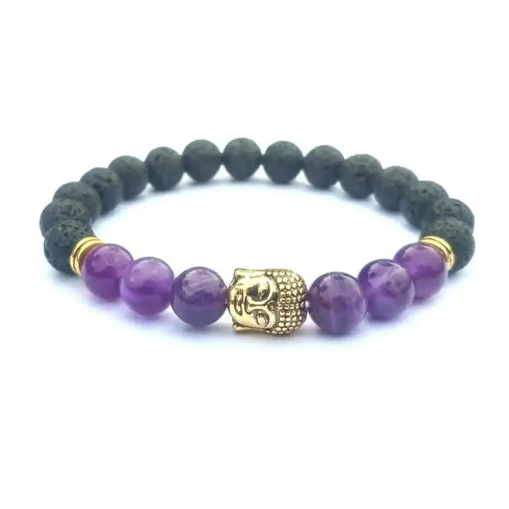 Buddha Head Double Circle Lava Rock Stone Bracelet for Unisex Healing Crystal Stretch Wristband Essential Oil Diffuser Jewelry