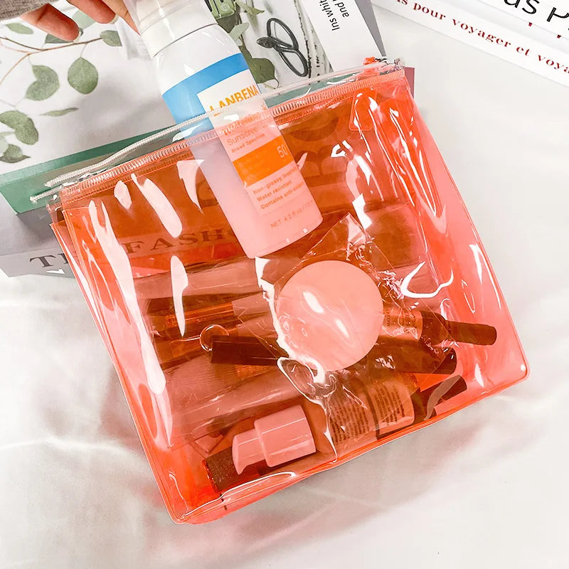 2024 Hot Sale Large Capacity TPU Cosmetic Bag New Style Orange Zipper Clear Transparent Travel Wash Organizer Logo Letter