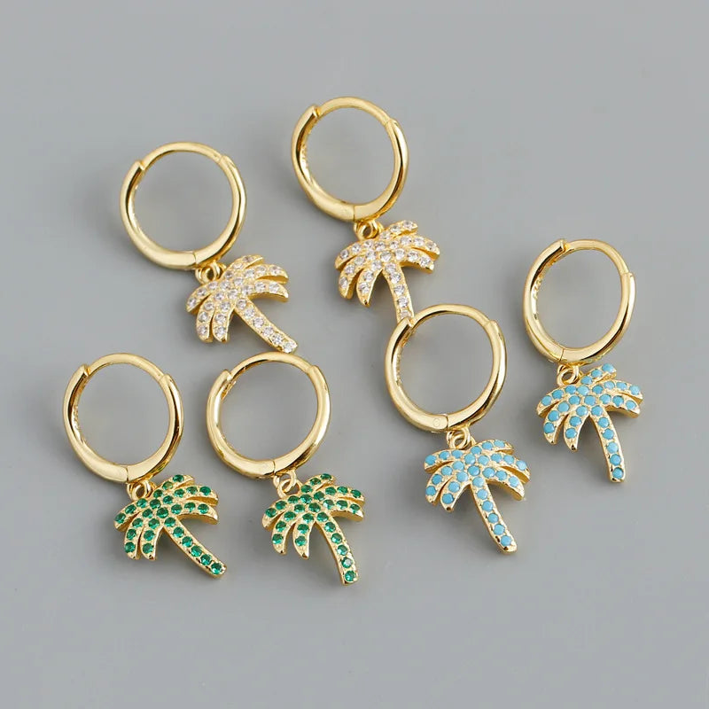 BOHEMIA Design 18K Gold Plated 925 Sterling Silver Zircon Coconut Palm Charm Drop Earrings Girl Women