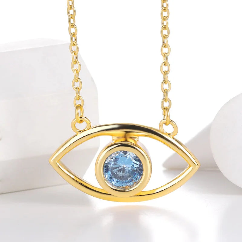 Luxury 18K Gold Plated Jewelry Stainless Steel Chain Chocker Gemstone  Blue Eyes Zircon Pendant Necklace for Women